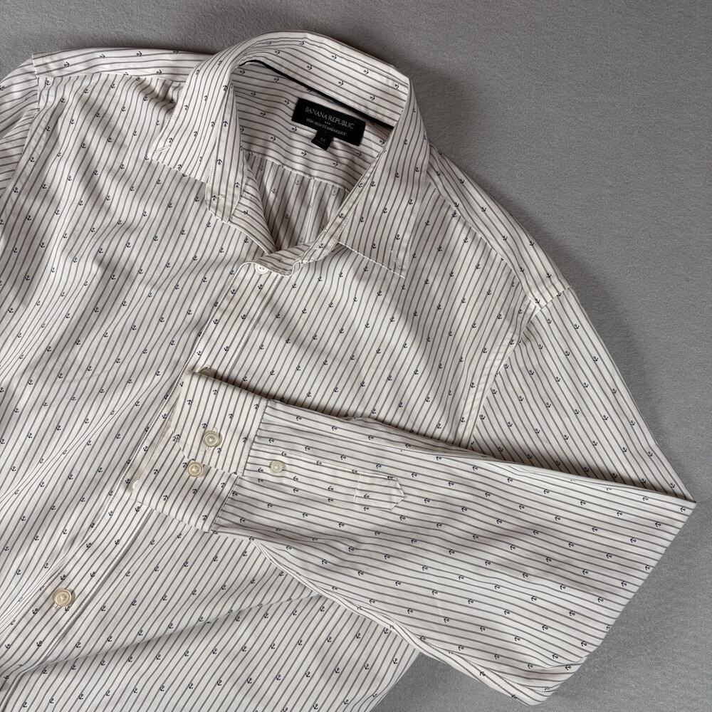 Banana Republic Men's Medium White Striped Anchor Print Dress Shirt